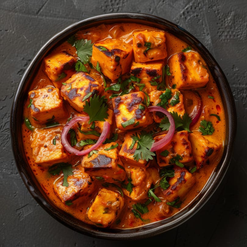 Mahek's paneer butter masala, a rich orange curry with grilled paneer, cilantro, and red onion.