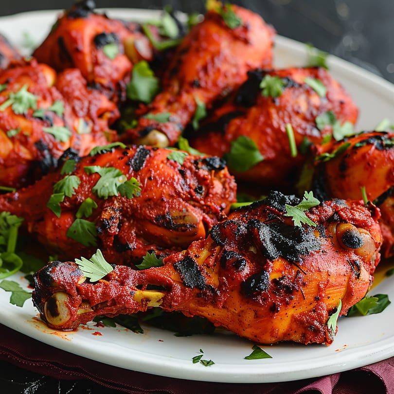 A white plate filled with Mahek's vibrant red Tandoori chicken drumsticks, garnished with fresh cilantro.