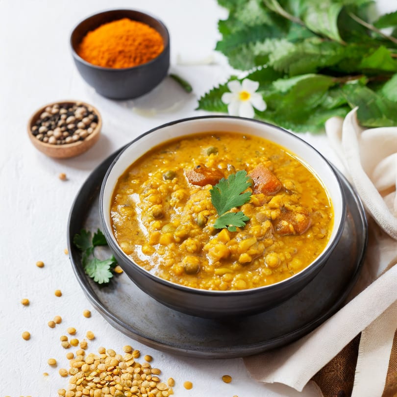 A bowl of Mahek's yellow Indian lentil dal, garnished with cilantro, spices, and lentils.